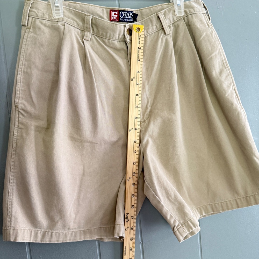 Chaps Ralph Lauren Mens 34 Khaki Double Pleated Chino Shorts 7" Vintage 90s Prep - Picture 4 of 8